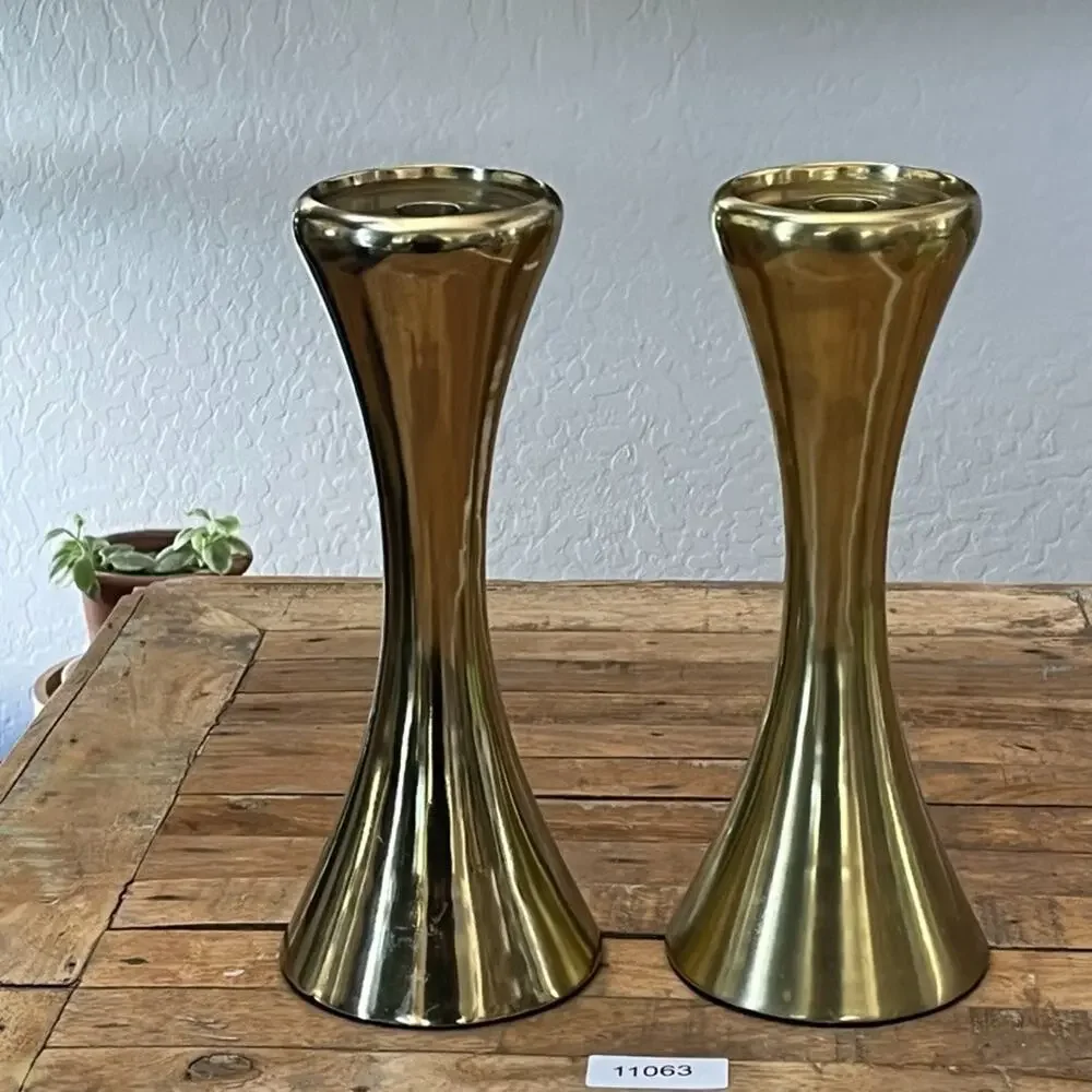 Modern Gold Tone Metal Candlestick Holders Nambe Style 12